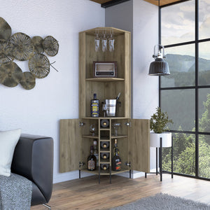 English Elm Hans Corner Bar Cabinet Macadamia Beige – 5 Wine Rack, 9-Glass Stemware Holder, 2 Shelves, 2 Doors, Space-Saving Design B200S00181