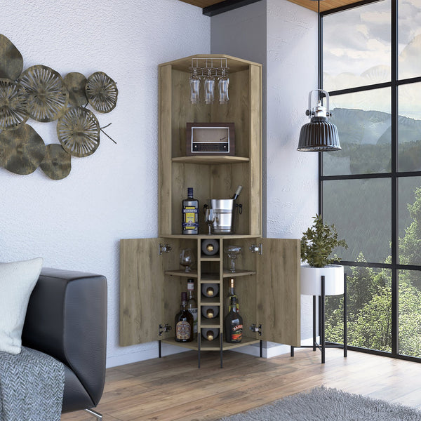 English Elm Hans Corner Bar Cabinet Macadamia Beige – 5 Wine Rack, 9-Glass Stemware Holder, 2 Shelves, 2 Doors, Space-Saving Design B200S00181