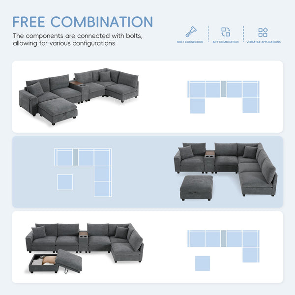 English Elm 139'' U-shaped Corduroy Sectional with Ottoman Console Usb Port and Cup Holders for Living Gray N723S1166E