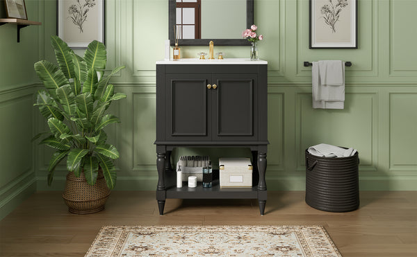 English Elm 24'' French Style Bathroom Vanity with Ceramic Sink Soft Close Cabinet and Drawer Black N710P411341B