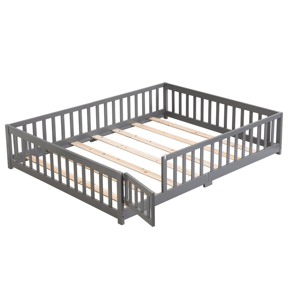 English Elm Twin Pine Wood Floor Bed with Safety Guardrails and Door for Kids Bedroom Gray W495123242