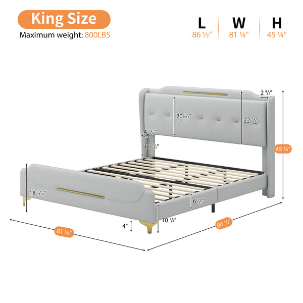 English Elm Christopher Knight Home® - King PU Leather Bed Frame with Wingback Headboard & Footboard, Gold Accents, Platform Slat Support, Elegant Design Grey 77.5 L x 21 W x 5.25 H N761S0000012E