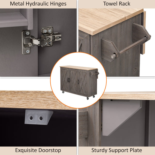 English Elm K&K Farmhouse Kitchen Island with Geometric Twill Doors, ASH Bark Top, Drop Leaf & Lockable Wheels Brown N707P221444Z