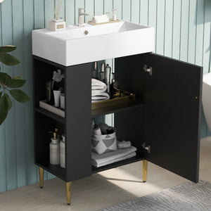 English Elm 21.6" Black Bathroom Vanity with Ceramic Sink, Left Side Storage, Gold Legs, Soft-Close Hinges and Triple-Coat Finish SV000007AAB