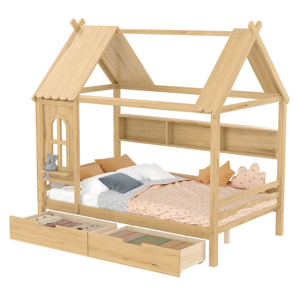 English Elm Full House Solid Wood Platform Bed with Window Roof, Under-Bed Drawers & Shelves for Kids' Rooms Natural W1580S00268