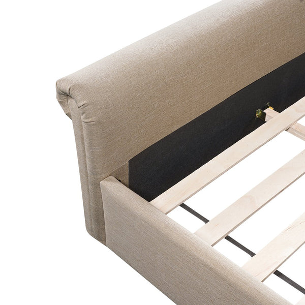 English Elm King Upholstered Bed Linen Fabric Rolled Headboard Rubberwood Legs Primary Bedroom Sand N757K384825S