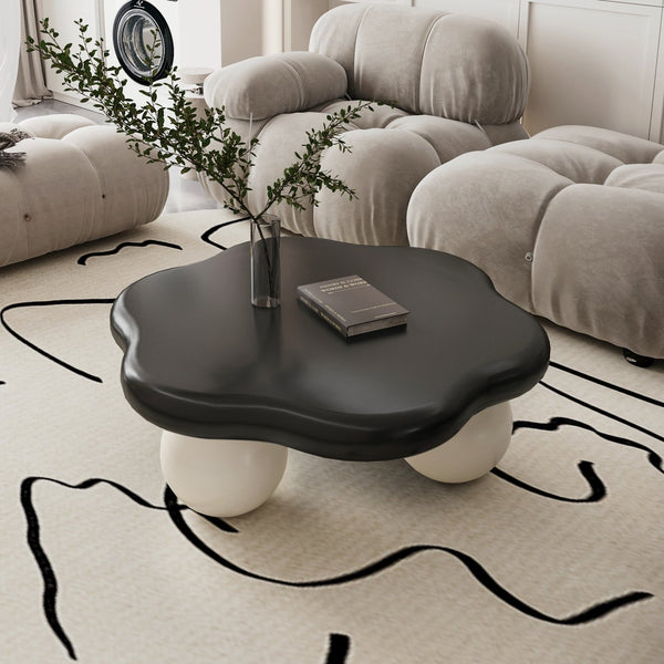 English Elm 35" Cloud Shaped Mdf Coffee Table Sculptural Round Top with Spherical Legs for Modern Living Black White W1435S00029