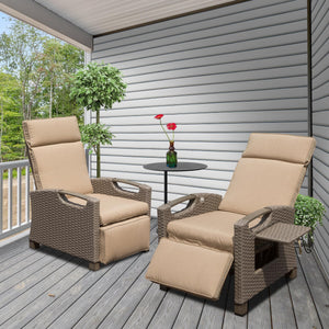 English Elm Outdoor Recliner Chair with Hand‑Woven Resin Wicker, Built‑In Flip Table, Thick Cushions, 150° Recline Beige W1859P196426
