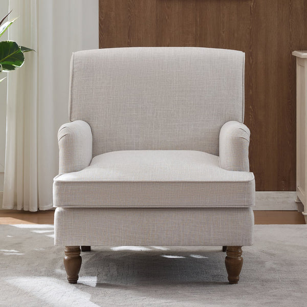 English Elm Vintage Linen Armchair with Rolled Arms and Turned Wood Legs — Plush Cushions, Sturdy Support, Timeless Accent for Living Spaces Beige 29.84 L x 29.5 W x 18.42 H N701P326070A