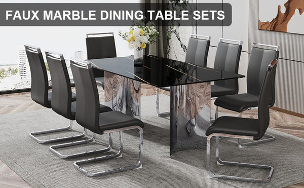 English Elm Table Set With Glass Top & 8 Black Pu Chairs - Stylish, Sturdy, And Easy To Assemble For Any Space W1151S02609-GIGA