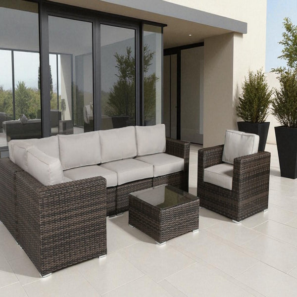 English Elm 5-Person Wicker Patio Set with Cushions Fully Assembled — 7-Piece Weatherproof Aluminum Sofa Set, Plush 5" Cushions Grey B120S00107