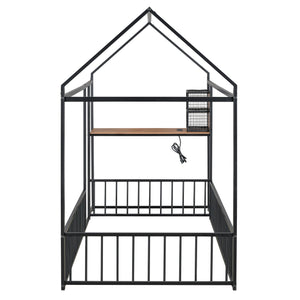 English Elm Twin House Bed Frame with Roof & Fence, Metal Twin Loft with Built-In Desk Shelves USB Outlets Black N737P173490B