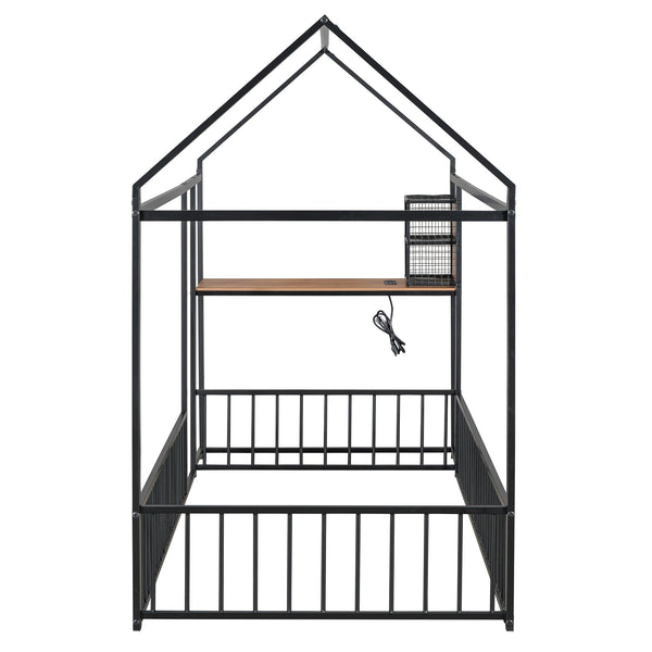 English Elm Twin House Bed Frame with Roof & Fence, Metal Twin Loft with Built-In Desk Shelves USB Outlets Black N737P173490B