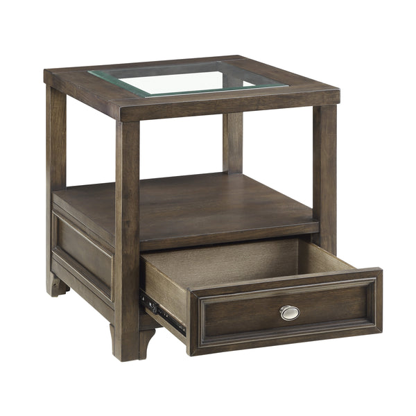 English Elm Modern Birch Veneer End Table with Glass Top Drawer and Open Shelf for Living Rooms B011P460074