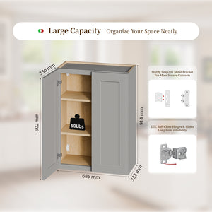 English Elm Gray Shaker Wall Cabinet Solid Wood Double Door Storage with Soft Close Hinges W5662P465941