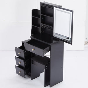 English Elm 29.2" Compact Vanity Table Set With Led Mirror, Touch Control, Large Storage & Stylish Stool For Small Spaces W936P226032