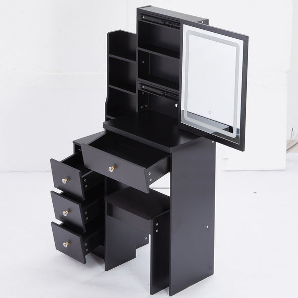 English Elm 29.2" Compact Vanity Table Set With Led Mirror, Touch Control, Large Storage & Stylish Stool For Small Spaces W936P226032