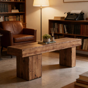 English Elm Hall Entryway Bench Solid Fir Wood Rustic Farmhouse Seat with Asymmetrical Legs T3971P453187