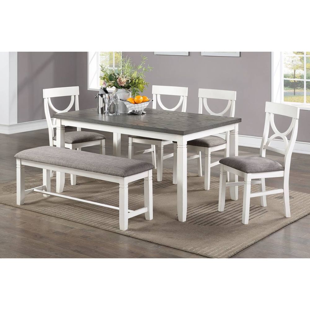 English Elm Carrol 6-Piece Wood Dining Set with Upholstered Chairs & Bench, Two-Tone White/Grey Rustic Chic B016S00010