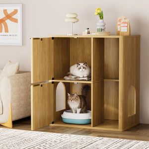 English Elm 31.5-inch Grooved Wood Cat Litter Cabinet with Integrated Tree Mid-century Pet Furniture Natural W1162P407685