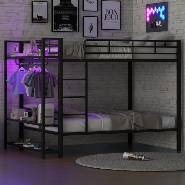 English Elm Full Size Metal Bunk Bed With Led Lighting, Storage Shelves & Hooks - Stylish Space Saver For Teens N7090000667B