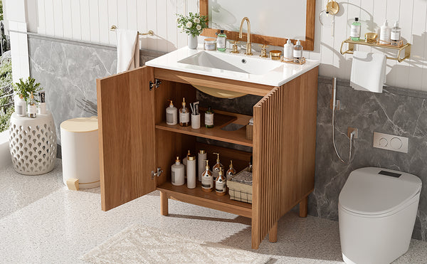 English Elm 29.9-inch Transitional Bathroom Vanity with Ceramic Sink Soft-close Doors Wood Legs N729P339777O