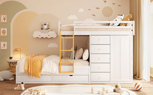 English Elm Full Size Bunk Bed with Integrated Drawers Wardrobe Mdf Solid Wood Kids Storage White LT000463AAK