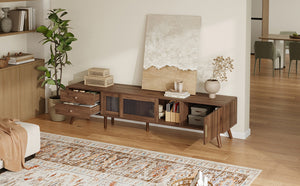 English Elm 76" Wood Grain Media Console with Glass Doors Deep Drawers and Living Room Storage N710P397467P