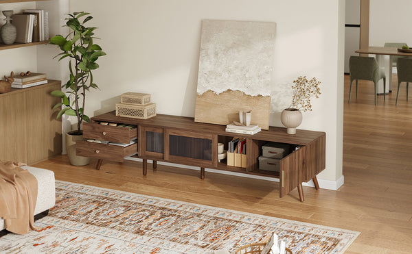 English Elm 76" Wood Grain Media Console with Glass Doors Deep Drawers and Living Room Storage N710P397467P