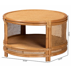English Elm Modern Rattan Round Coffee Table with Open Weave Frame and Lower Shelf for Living Rooms B2750P467693