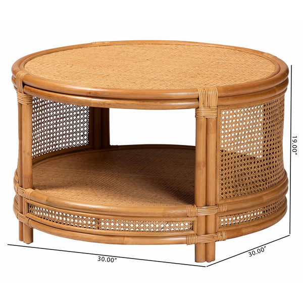English Elm Modern Rattan Round Coffee Table with Open Weave Frame and Lower Shelf for Living Rooms B2750P467693
