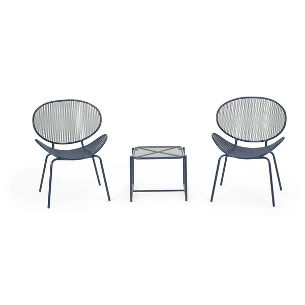 English Elm Christopher Knight Home® - ELBA Modern Mesh Shell Chat Set with Powder-Coated Iron Frame, Retro Minimal Outdoor Seating Navy Blue N775P250740N