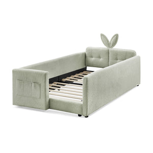 English Elm Twin Boucle Upholstered Kids Bed Whimsical Rabbit Ear Headboard with Safety Rail Cyan W1413P407489