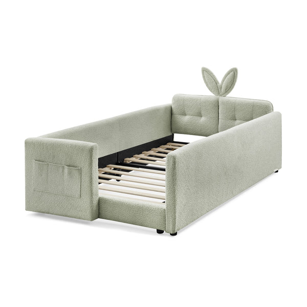 English Elm Twin Boucle Upholstered Kids Bed Whimsical Rabbit Ear Headboard with Safety Rail Cyan W1413P407489