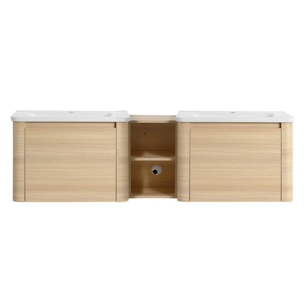 English Elm 68'' Wall-Mounted Vanity with White Ceramic Sink, Plywood Shelves, Soft-Close Door, Rounded Edge Design and Water-Resistant Melamine Finish W999S00484