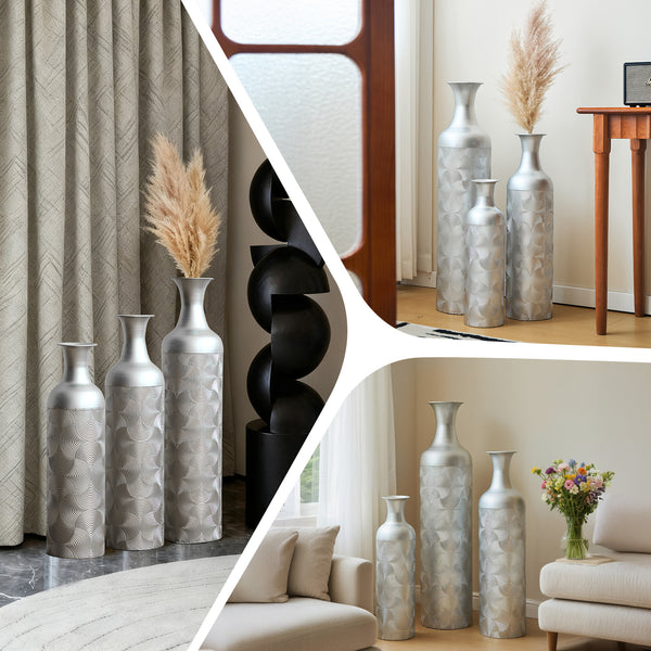 English Elm Silver Metal Floor Vase Trio Etched Wave Pattern Tall Cylinder Set for Modern Decor W2796P386873