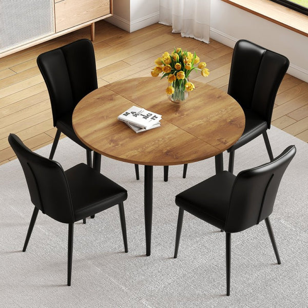 English Elm Table And Chair Set - Modern Extendable Mdf Dining Table With 4 Stylish Black Pu Chairs For Gatherings W1151S04145-GIGA