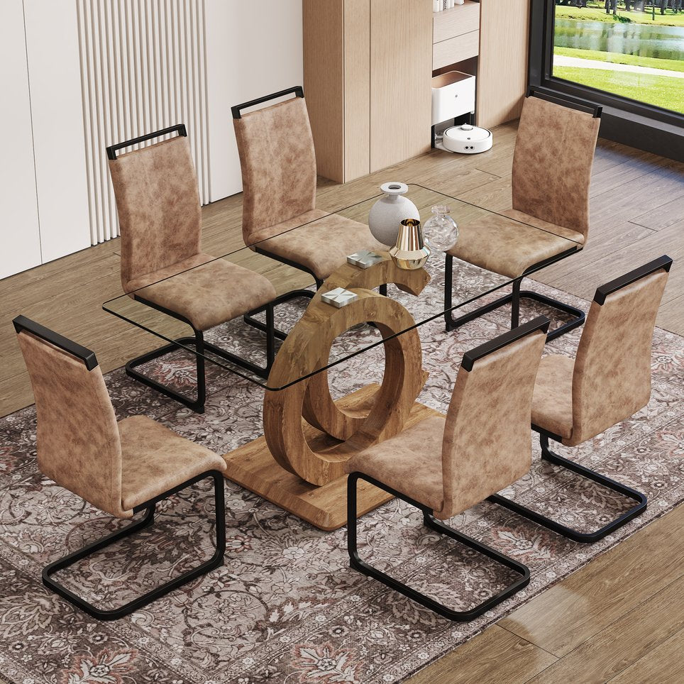 English Elm 1 Contemporary Dining Set With Clear Tempered Glass Table & 6 Brown Fabric Chairs For Modern Homes W1151S04028