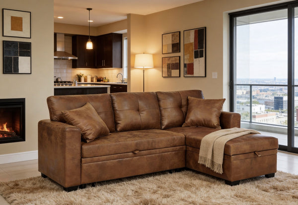 English Elm Sleeper Sectional with Pull Out Bed Storage Chaise Tufted L Shaped Living Room Sofa W5568S00006