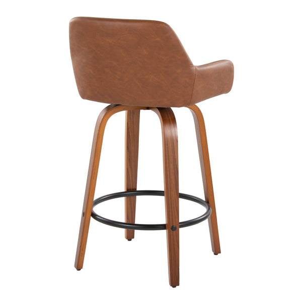 English Elm 26" Mid-century Swivel Counterstools Walnut Legs Camel Faux Leather Seat Set of 2 B202S00235