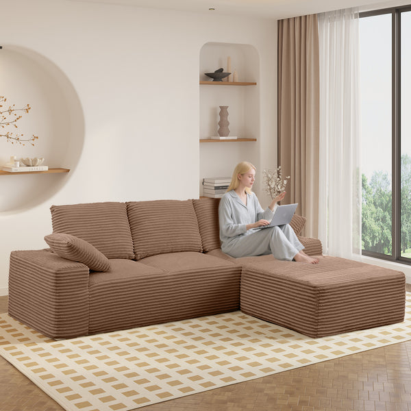 English Elm 103.5" Cloud Sectional Couch with L-Shape Chaise - No Assembly Modular Sofa, Plush Corduroy, Deep Seat Comfort Brown T3801S00007