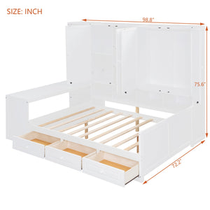 English Elm Full Size Wooden Daybed With Versatile Workspace, Three Storage Drawers, And Adjustable Shelves N820S00055K