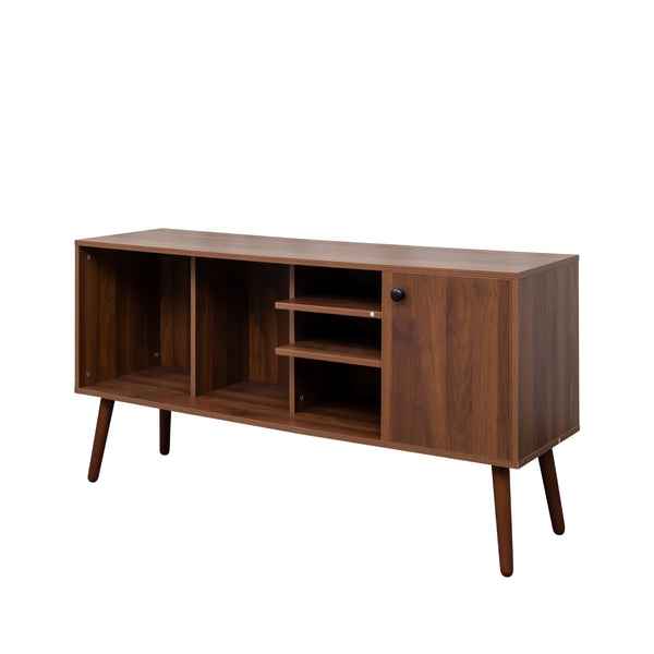 English Elm TV Stand Mid-Century Modern 53" TV Console with 1 Cabinet and 3 Open Shelves, Durable Veneer Frame Walnut W331P247814