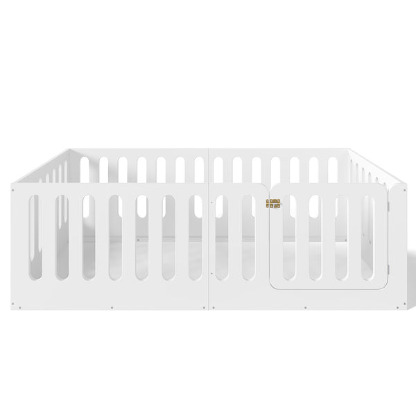 English Elm Twin Solid Pine Montessori Floor Bed with House Frame Door and Safety Fence Light White W5305P420632