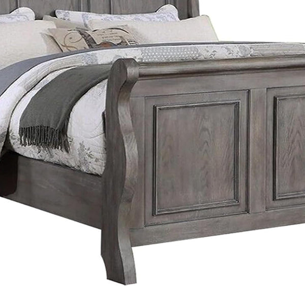 English Elm Grey Sleigh Design Queen Bed with 3-Panel Headboard in Antique Gray Oak Finish — Transitional Barn Style Bedroom B011S01396