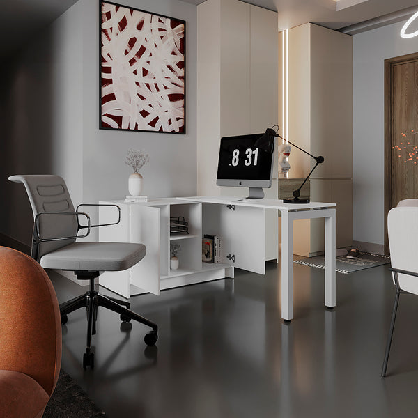 English Elm Alfie 72" Rotable Desk with Adjustable Dual Orientation, Built-In Storage, Walnut Finish Home Office B200S00449