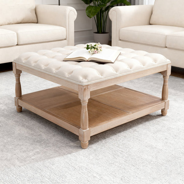 English Elm 33-inch Tufted Square Ottoman Coffee Table with Storage Shelf, Solid Wood Frame, Farmhouse Beige Elegance W3426P385593