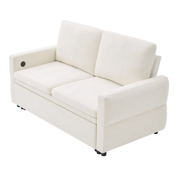 English Elm Convertible Chenille Sleeper Loveseat with Usb Ports and Reclining Backrest for Small Spaces Beige N719P390439A