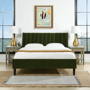 English Elm Jennifer Taylor Home - Aspen Modern Platform Bed Set In Olive Green Velvet - Vertical Tufted Headboard, Queen Size Comfort B2719P238512