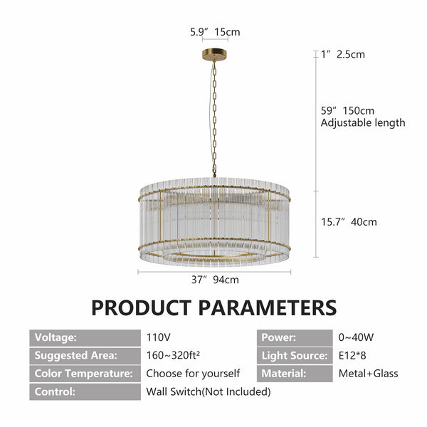 English Elm 37" Modern Round Crystal Chandelier, 2-Tier 8-Light LED Semi-Flush, Dimmable Touch Control, Adjustable Height Gold W1340P332561